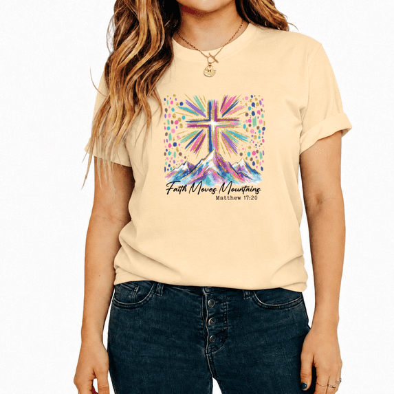 UNISHE Women's Christian Faith Watercolor Mountain Cross Bible Verse Inspirational Graphic Cropped Short Sleeve T-shirt Everyday Loose Fit Tops