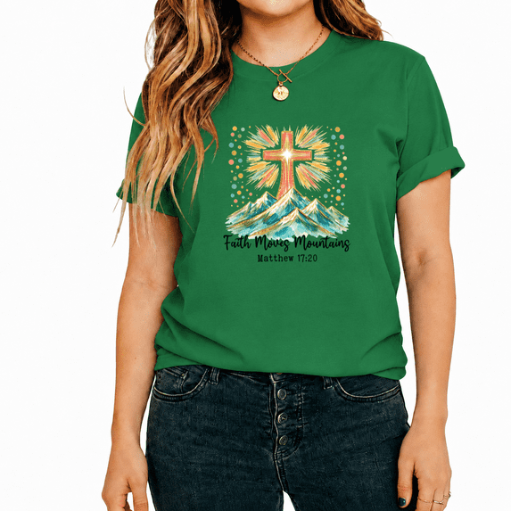 UNISHE Women's Christian Faith Watercolor Mountain Cross Inspirational Bible Verse Graphic Cropped Short Sleeve T-shirt Everyday Loose Fit Tops