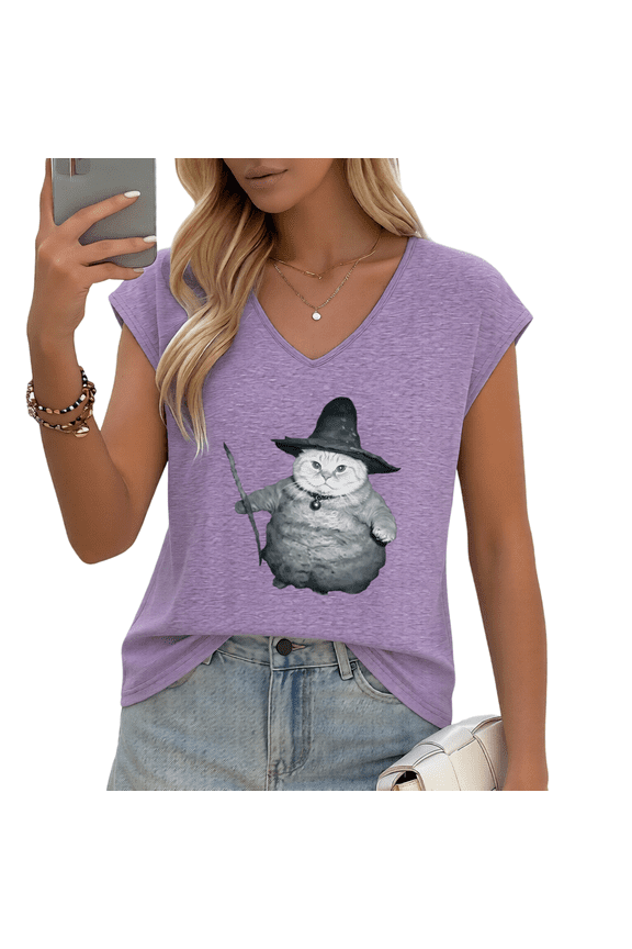 Women's Chubby Witch Cat with Hat & Wand Print V-Neck Sleeveless T-Shirt Casual Summer Tank Top