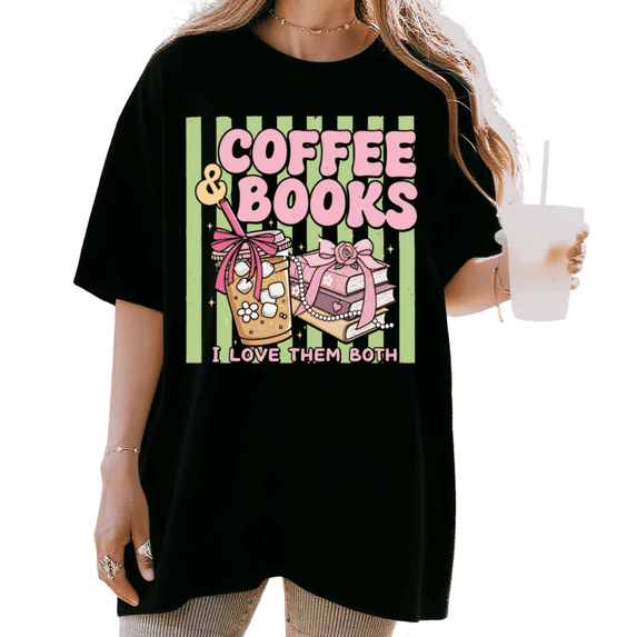 UNISHE Women's Coffee And Books I Love Them Both Iced Drink Floral Stack Book Graphic Short Sleeve T-shirt Relaxed Fit