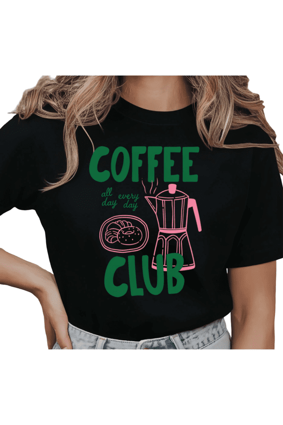 Women's "Coffee Club All Day Every Day" Coffee Lover Graphic Short Sleeve T-Shirt Relaxed Fit Cotton Top