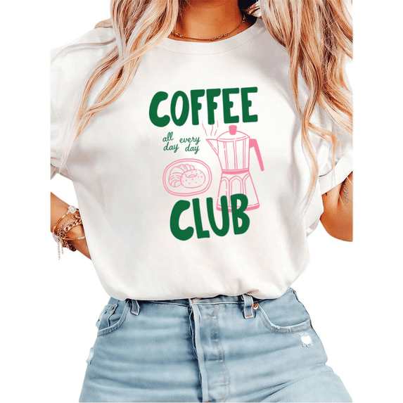 UNISHE Women's "Coffee Club All Day Every Day" Coffee Lover Graphic Short Sleeve T-Shirt Relaxed Fit Cotton Top