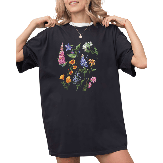 UNISHE Women's Colorful Wildflower Botanical Graphic Black Short Sleeve T-Shirt S-5XL Simple Crewneck Top