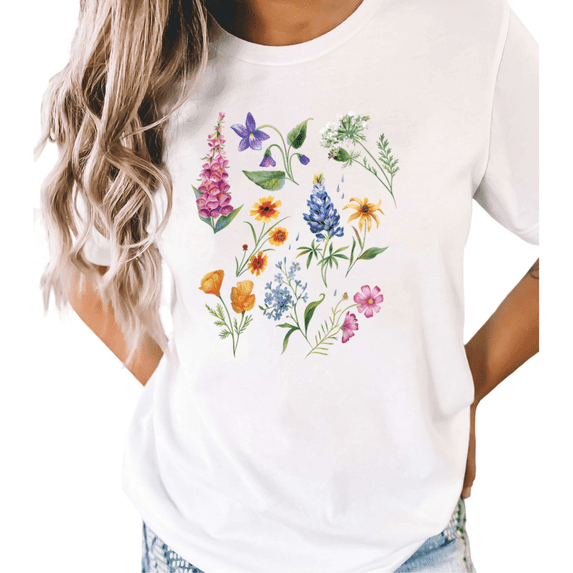 UNISHE Women's Colorful Wildflower Botanical Graphic White Short Sleeve T-Shirt Casual Cotton Crewneck Top