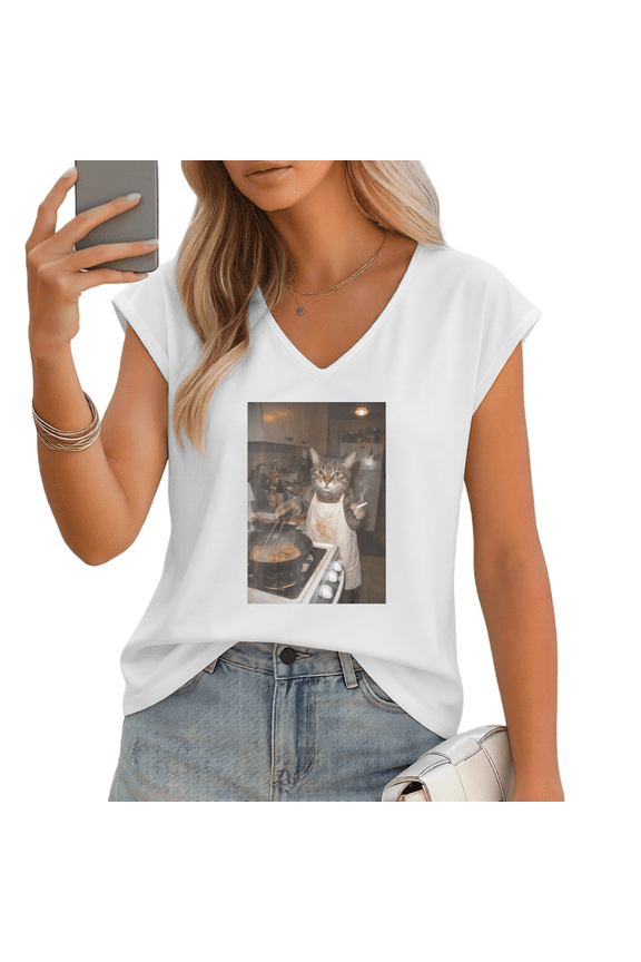 Women's Cooking Cat Meme Chef Cat Print V-Neck Sleeveless T-Shirt Casual Summer Tank Top