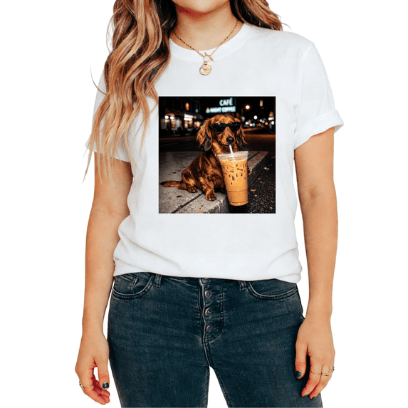 UNISHE Women's Cool Dachshund with Sunglasses Drinking Iced Coffee Graphic Short Sleeve T-Shirt Suitable Tees