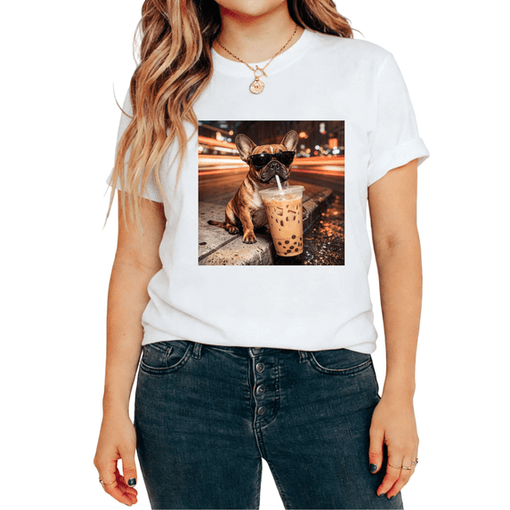 UNISHE Women's Cool French Bulldog with Sunglasses Drinking Bubble Tea Graphic Short Sleeve T-Shirt Dog Lover Tees