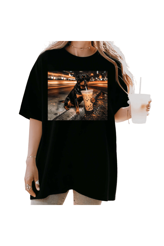 Women's Cool Rottweiler Dog With Sunglasses Holding Boba Tea Night City Graphic Short Sleeve T-Shirt Casual Crewneck Top