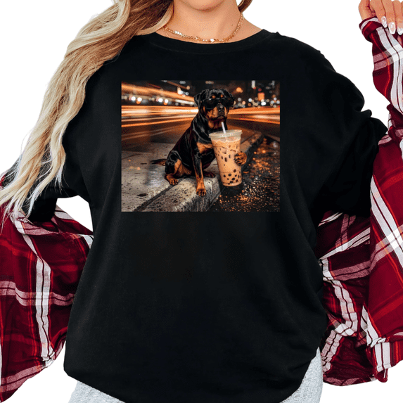 UNISHE Women's Cool Rottweiler Dog With Sunglasses Holding Boba Tea Night City Graphic Short Sleeve T-Shirt Casual Crewneck Top