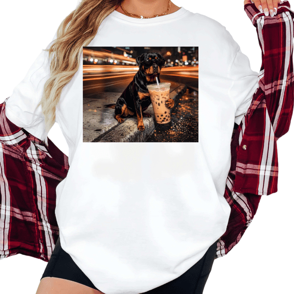 UNISHE Women's Cool Rottweiler Dog With Sunglasses Holding Boba Tea Night City Graphic Short Sleeve T-Shirt Casual Crewneck Top
