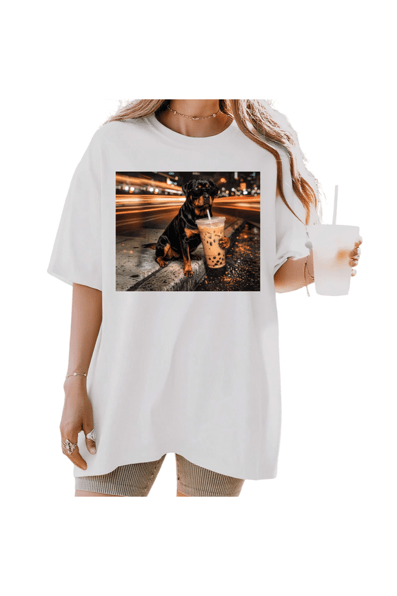 Women's Cool Rottweiler Dog With Sunglasses Holding Boba Tea Night City Graphic Short Sleeve T-Shirt Casual Crewneck Top