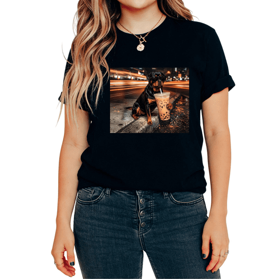 UNISHE Women's Cool Rottweiler with Sunglasses Drinking Bubble Tea Graphic Short Sleeve T-Shirt Dog Lover Tees Tops