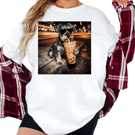 UNISHE Women's Cool Schnauzer Dog With Sunglasses Drinking Boba Tea Trail Graphic Short Sleeve T-Shirt Casual Crewneck Top