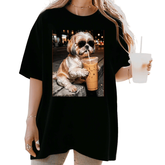 UNISHE Women's Cool Shih Tzu Dog With Sunglasses Drinking Boba Sidewalk Graphic Short Sleeve T-Shirt Casual Crewneck Top