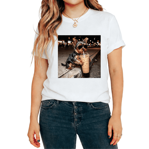 UNISHE Women's Cool Yorkshire Terrier with Sunglasses Drinking Iced Coffee Graphic Short Sleeve T-Shirt Dog Lover Tees