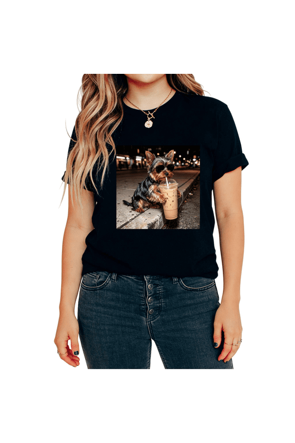 Women's Cool Yorkshire Terrier with Sunglasses Drinking Iced Coffee Graphic Short Sleeve T-Shirt Dog Lover Tees