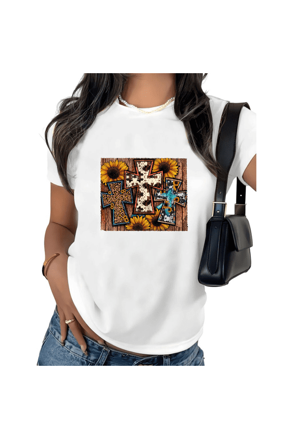 Women's Country Cross Sunflower Graphic Tee Western Christian Floral Print Short Sleeve T-Shirt