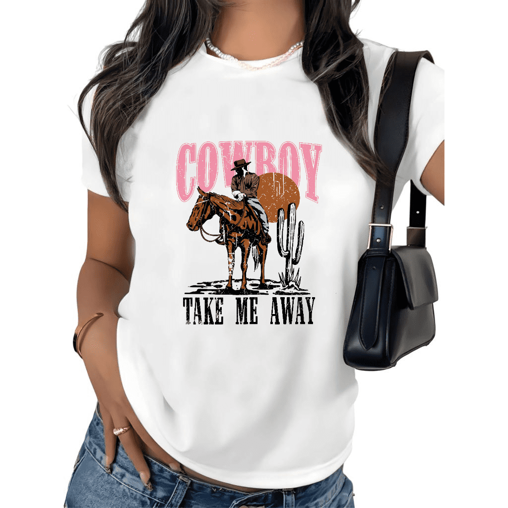 UNISHE Women's Cowboy Take Me Away Graphic Tee Western Rodeo Sunset Cactus Print Short Sleeve T-Shirt