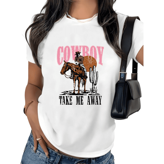 UNISHE Women's Cowboy Take Me Away Graphic Tee Western Rodeo Sunset Cactus Print Short Sleeve T-Shirt