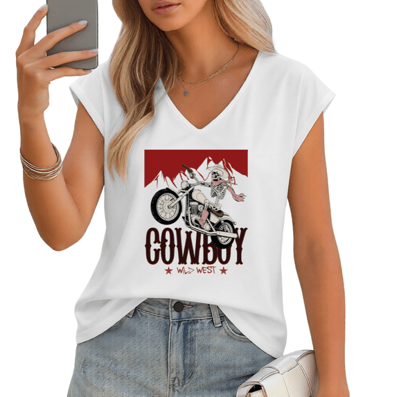 UNISHE Women's Cowboy Wild West Skeleton Motorcycle V-Neck Sleeveless T ...