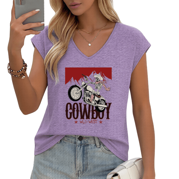 UNISHE Women's Cowboy Wild West Skeleton Motorcycle V-Neck Sleeveless T ...
