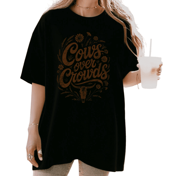 UNISHE Women's Cows Over Crowds Floral Longhorn Skull Vintage Western Quote Graphic Short Sleeve T-shirt Relaxed Fit