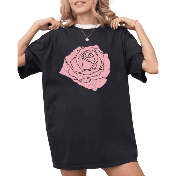 UNISHE Women's Crackled Pink Rose Graphic Black Short Sleeve T-Shirt S-5XL Simple Crewneck Top