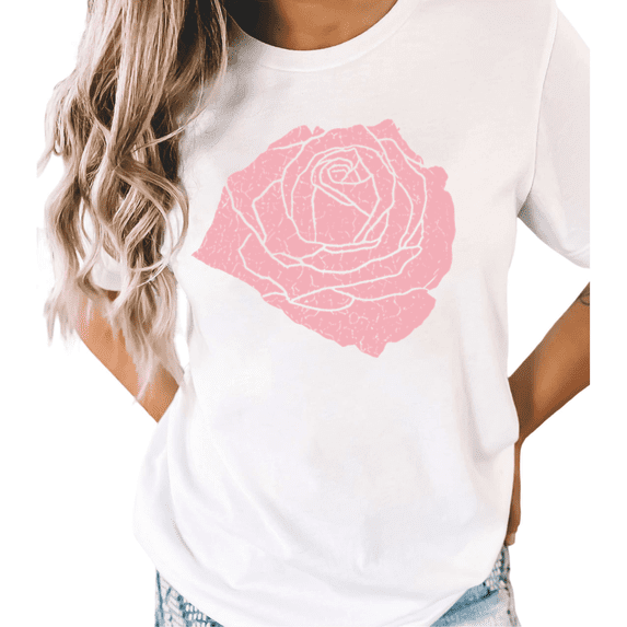 UNISHE Women's Crackled Pink Rose Graphic White Short Sleeve T-Shirt Casual Cotton Crewneck Top