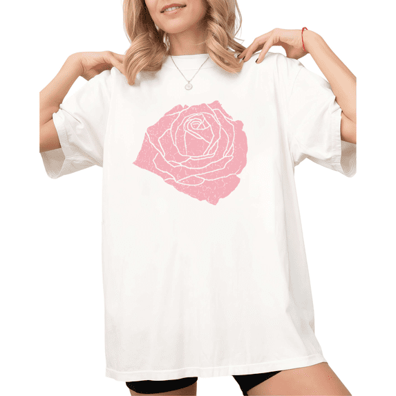 UNISHE Women's Crackled Pink Rose Graphic White Short Sleeve T-Shirt S-5XL Simple Crewneck Top