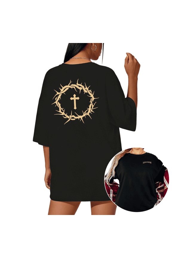 Women's "Crown of Thorns & Cross" Minimalist Christian Graphic Black Short Sleeve T-Shirt Holiday Casual S-5XL Top