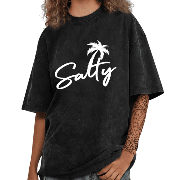 UNISHE Women's Cursive Salty With Palm Tree Print Short Sleeve T-Shirt Washed Beach Ocean Lover Comfortable Tees