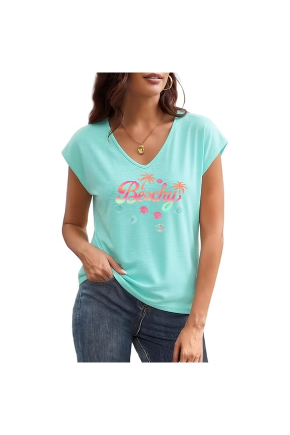 Women's Cute Beachy Ombre Seashell Palm Tree Graphic V Neck Short Sleeve T-Shirt Casual Everyday