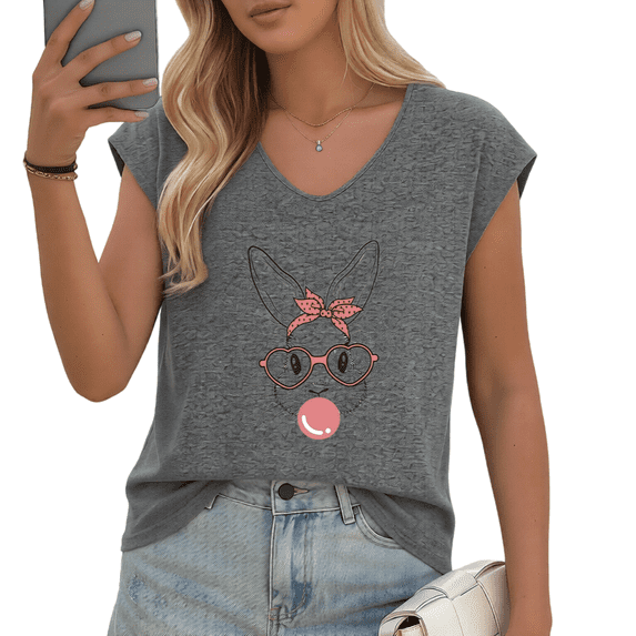 UNISHE Women's Cute Bunny with Heart Glasses & Bubble Gum V-Neck Sleeveless T-Shirt Casual Summer Tank Top