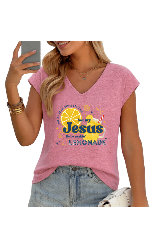 Women's Cute Lemonade & Faith-Based Quote Print V-Neck Sleeveless T-Shirt Comfortable Beach Tank Top