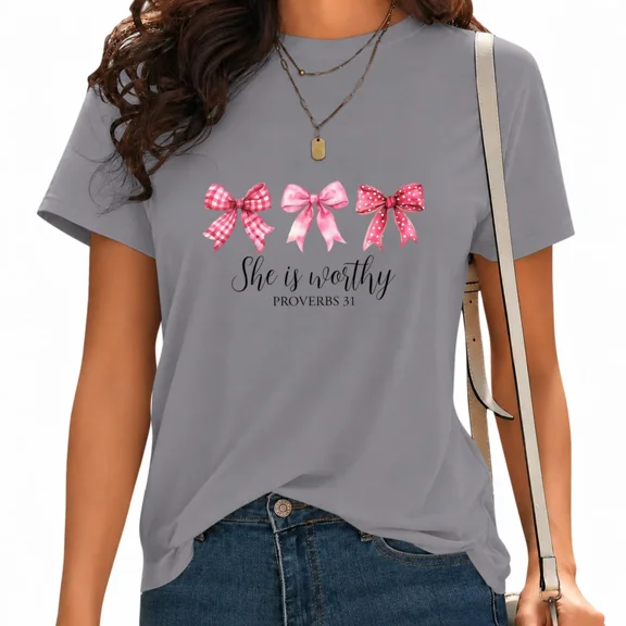 UNISHE Women's Cute Scripture Verse T-Shirt Elegant Satin Bow Ribbon Religious Top Grey, M