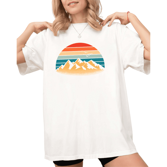 UNISHE Women's Cute Sunset Mountain Outdoor Graphic Short Sleeve T-Shirt Fashion Crewneck Top