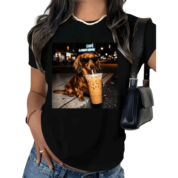 UNISHE Women's Dachshund Bubble Tea Graphic Short Sleeve T-Shirt Soft Cotton Crewneck Pet Lover Top S-5XL