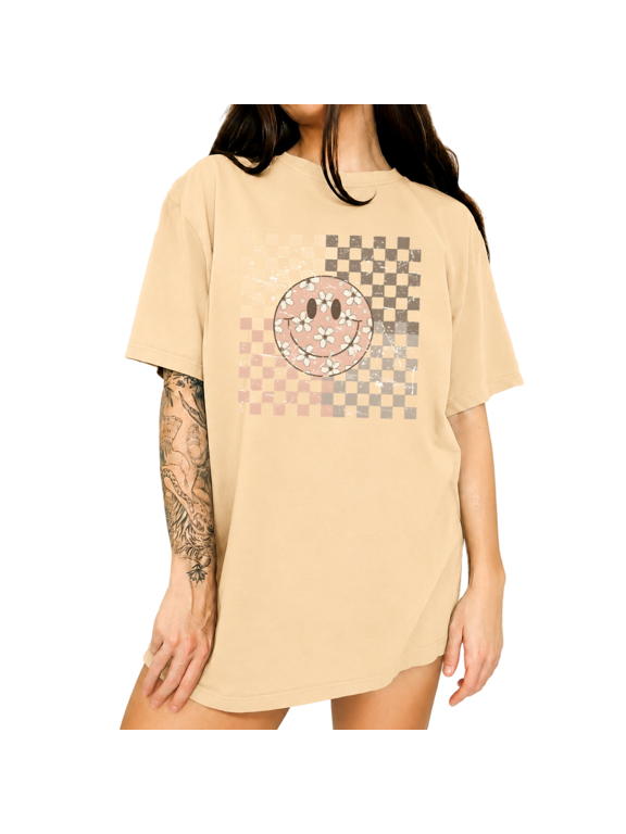 Women's Daisy Smiley Face Graphic Short Sleeve T-Shirts Apricot Trendy Summer Tops