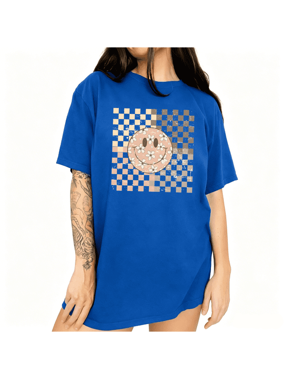 Women's Daisy Smiley Face Graphic Short Sleeve T-Shirts Blue Trendy Summer Tops