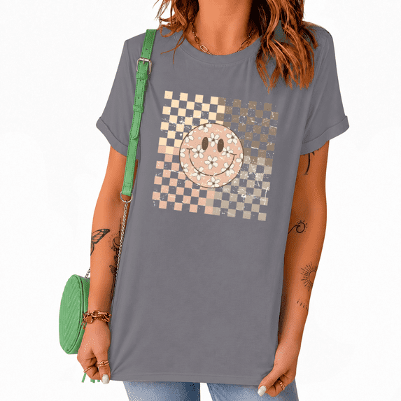 UNISHE Women's Daisy Smiley Face Graphic Short Sleeve T-Shirts Grey Trendy Summer Tops