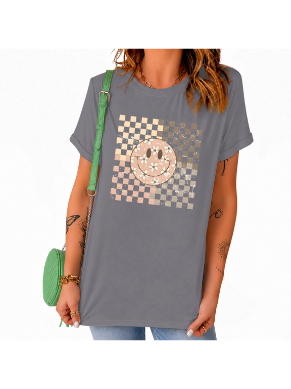 Women's Daisy Smiley Face Graphic Short Sleeve T-Shirts Grey Trendy Summer Tops