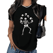 UNISHE Womens Dancing Skeleton Playing Skulls Graphic Short Sleeve T-Shirt Casual Cotton Crewneck Top