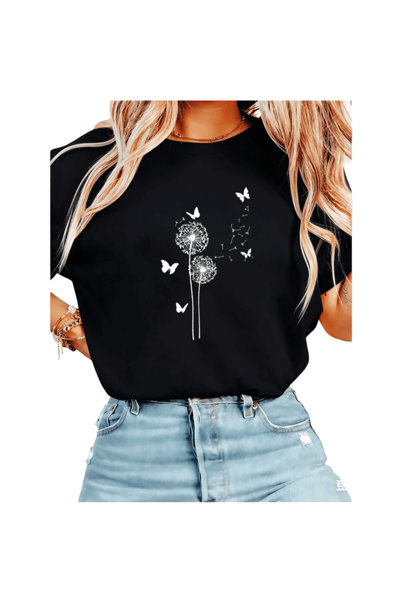 Women's Dandelion Butterfly Graphic Short Sleeve T-Shirt Casual Cotton Crewneck Top