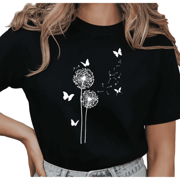 UNISHE Women's Dandelion and Butterflies Whimsical Graphic Short Sleeve T-Shirt Breathable Cotton Crewneck Top