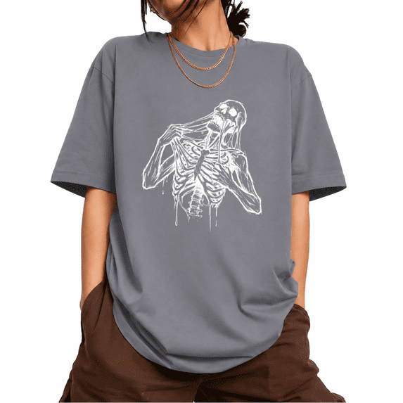 UNISHE Women's Dark Aesthetic Skeleton Print Short Sleeve T-Shirt Edgy Cotton Crewneck Casual Top