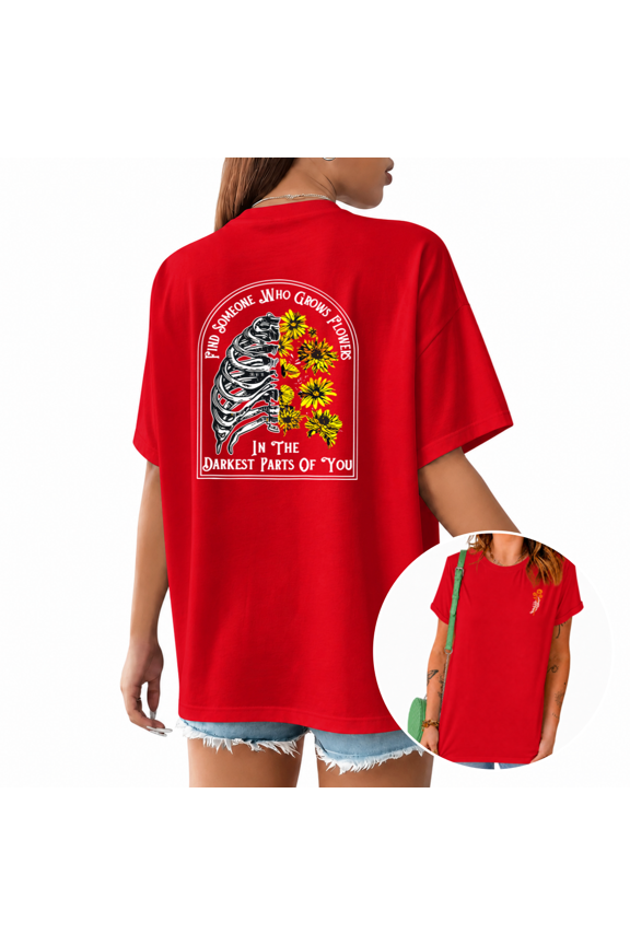 Women's Dark Base Line Rib Skeleton Sunflower Arched Dual Side Front Back Inspirational Floral Quote Graphic Short Sleeve T-Shirts Red Tops