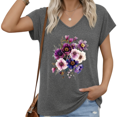 thumbnail image 1 of UNISHE Women's Dark Gray Floral Print V-Neck Short Sleeve T-Shirt Soft Cotton Casual S-5XL, 1 of 6