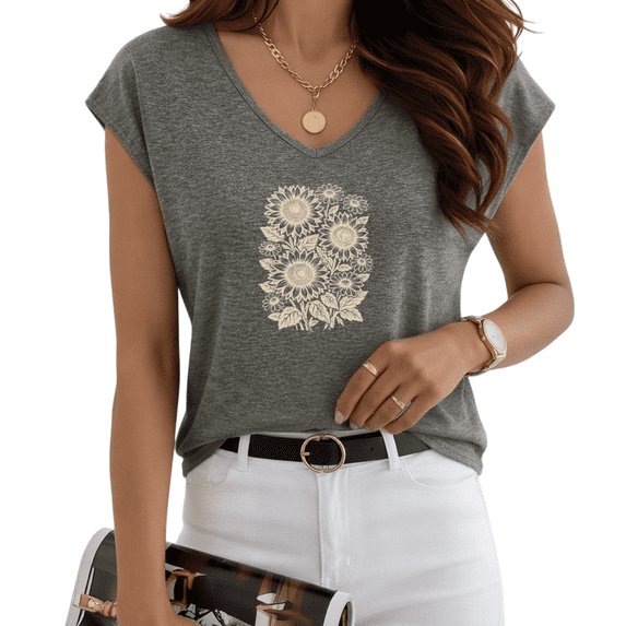 UNISHE Women's Dark Gray Vintage Neutral Sunflower Cluster Graphic V-Neck Sleeveless T-Shirt Daily Lounge S-5XL Tank Top