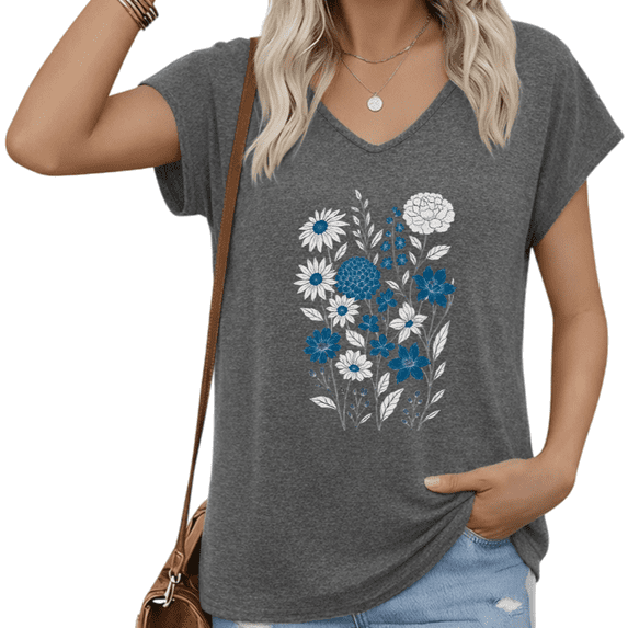 UNISHE Women's Dark Grey Blue Floral V-Neck T-Shirt Botanical Graphic Soft Cotton Casual Loose Top S-5XL
