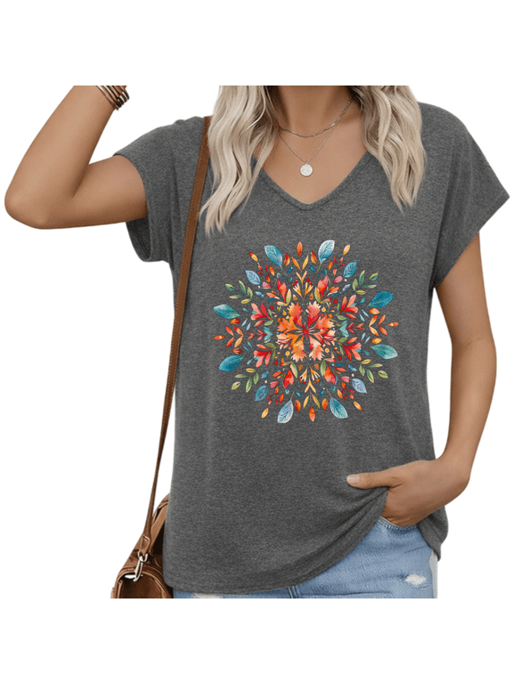 Women's Dark Grey Watercolor Mandala Floral V-Neck T-Shirt Boho Colorful Graphic Soft Cotton Casual Loose Top S-5XL